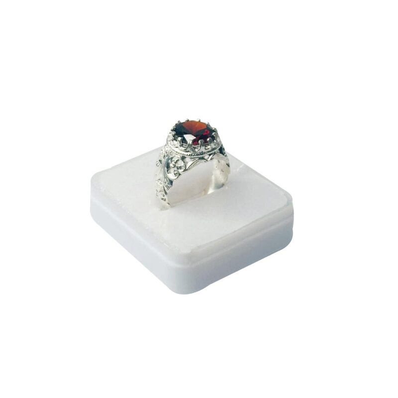 Red Stone Silver Ring with Intricate Design