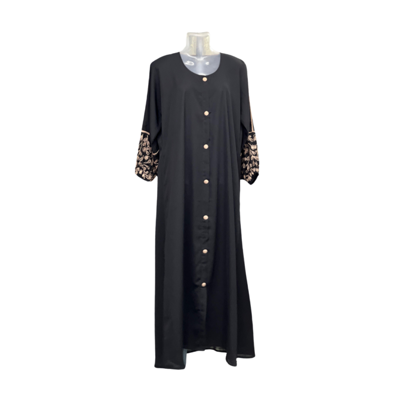 Black Button-Abaya with Intricate Embroidered Sleeves. islamic products & dresses - barakath ulama collection